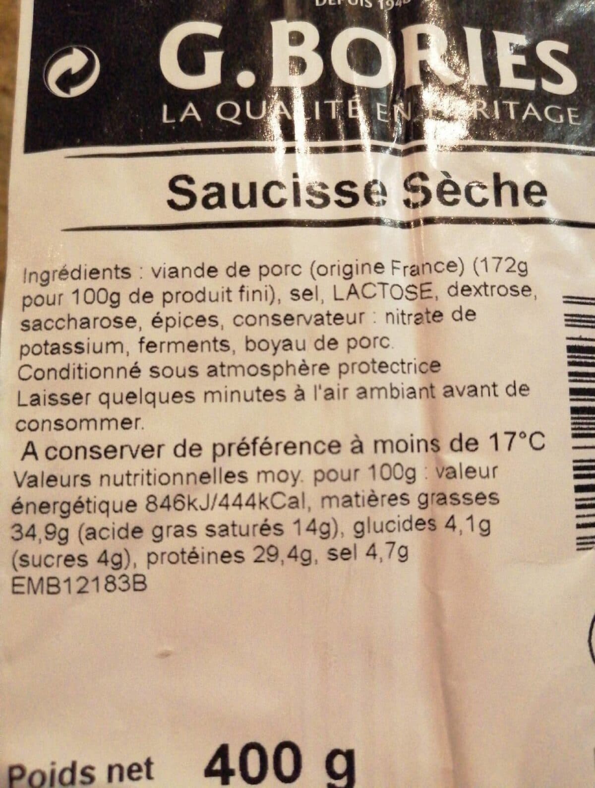 Open Food Facts Ets G. Bories Saucisse sèche le sachet de 420 g packshot