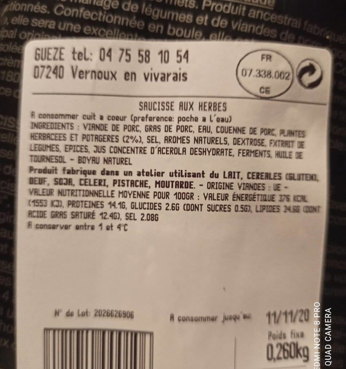 Gueze Saucisse aux herbes ardéchoise packshot
