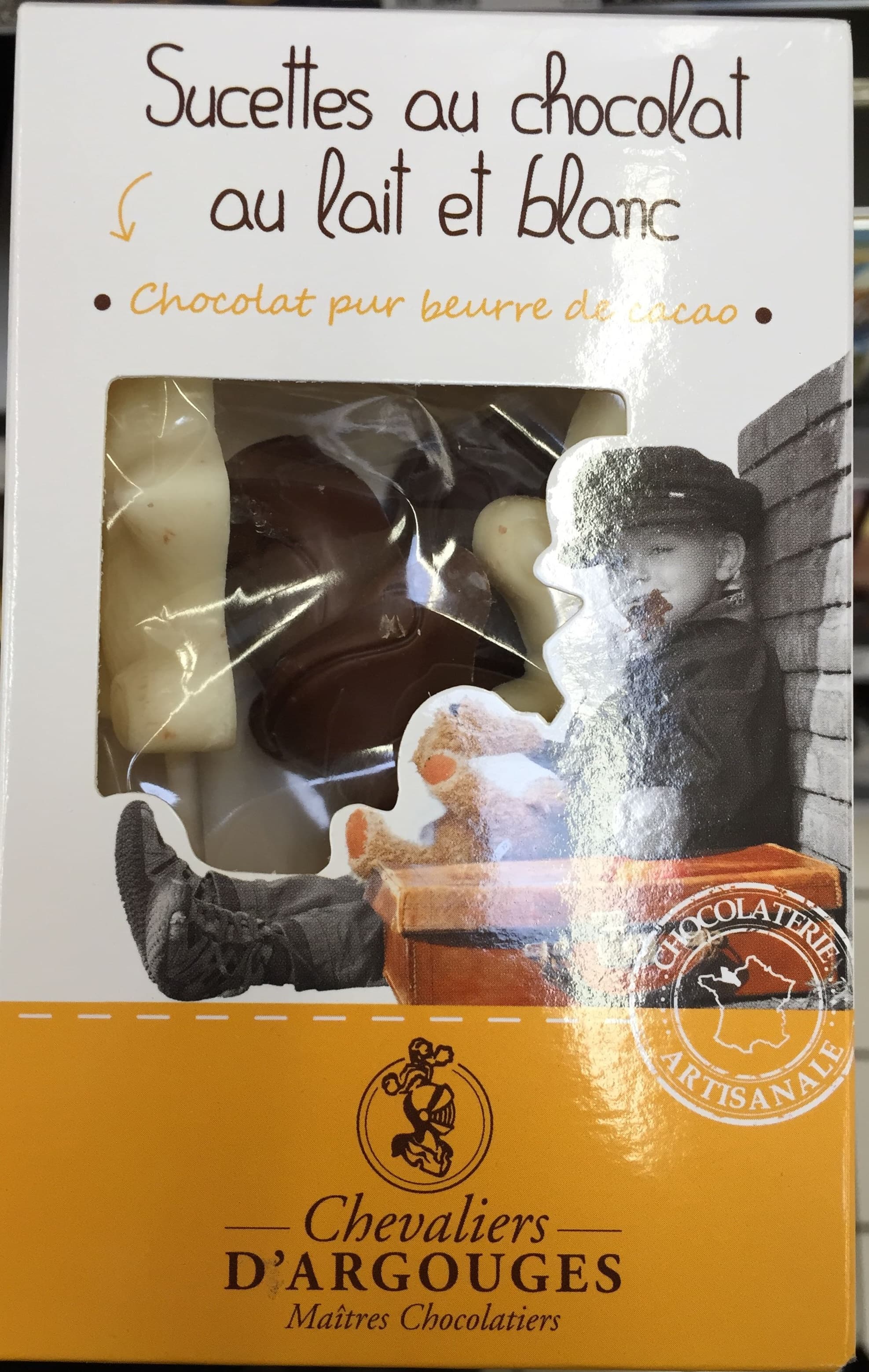 Chevaliers d'Argouges Sucettes au chocolat au lait et blanc packshot