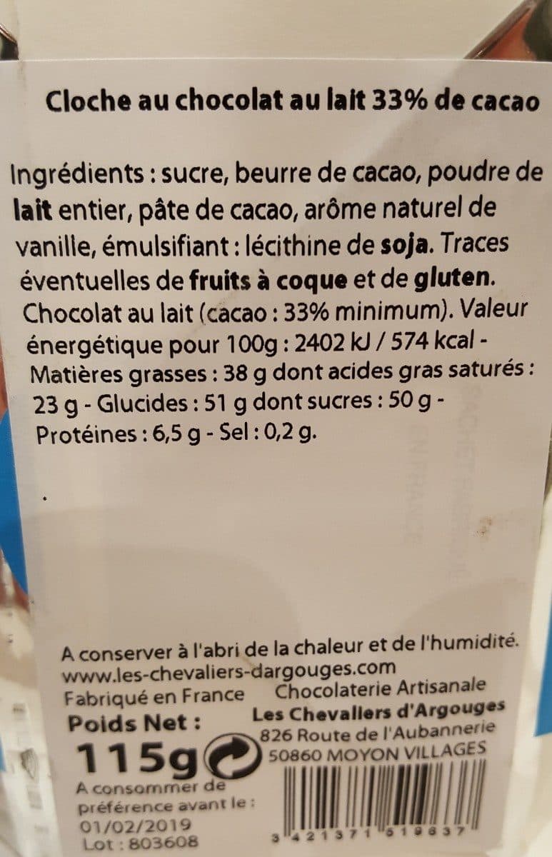 Chevaliers d'Argouges Cloche au chocolat au lait 33% de cacao packshot