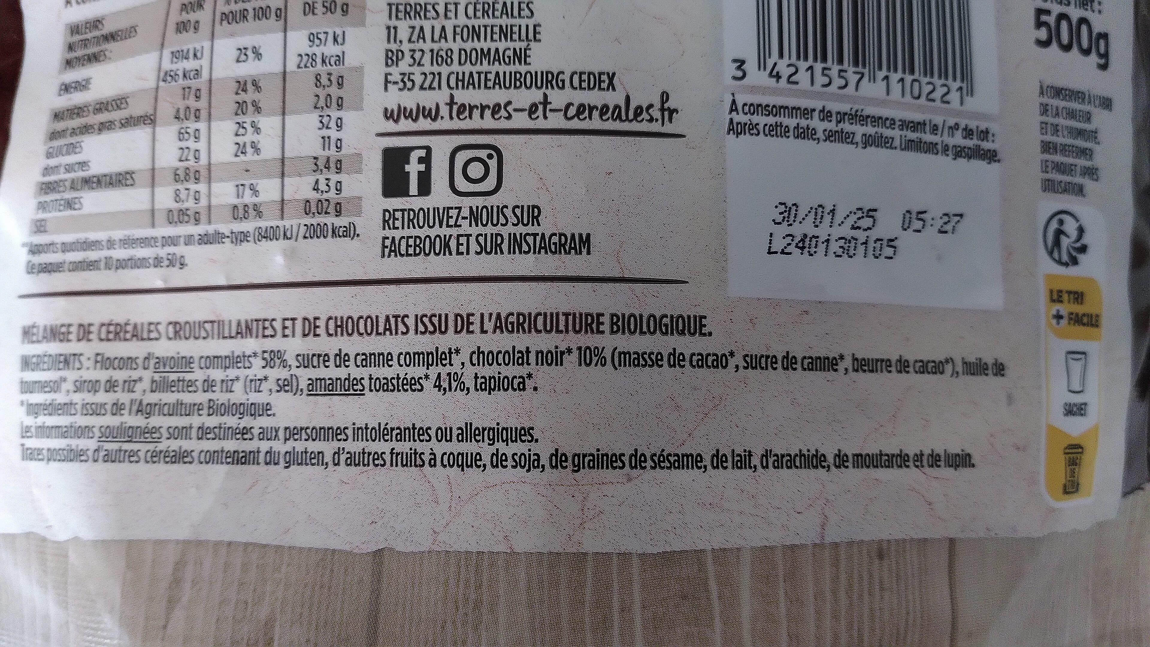 TERRES ET CÉRÉALES Muesli avoine amandes chocolat packshot
