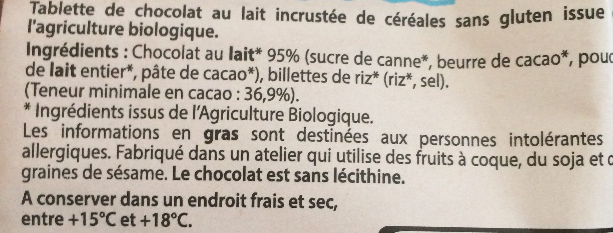 Les Delices Sans Gluten Chocolait Lait Eclats De Riz packshot