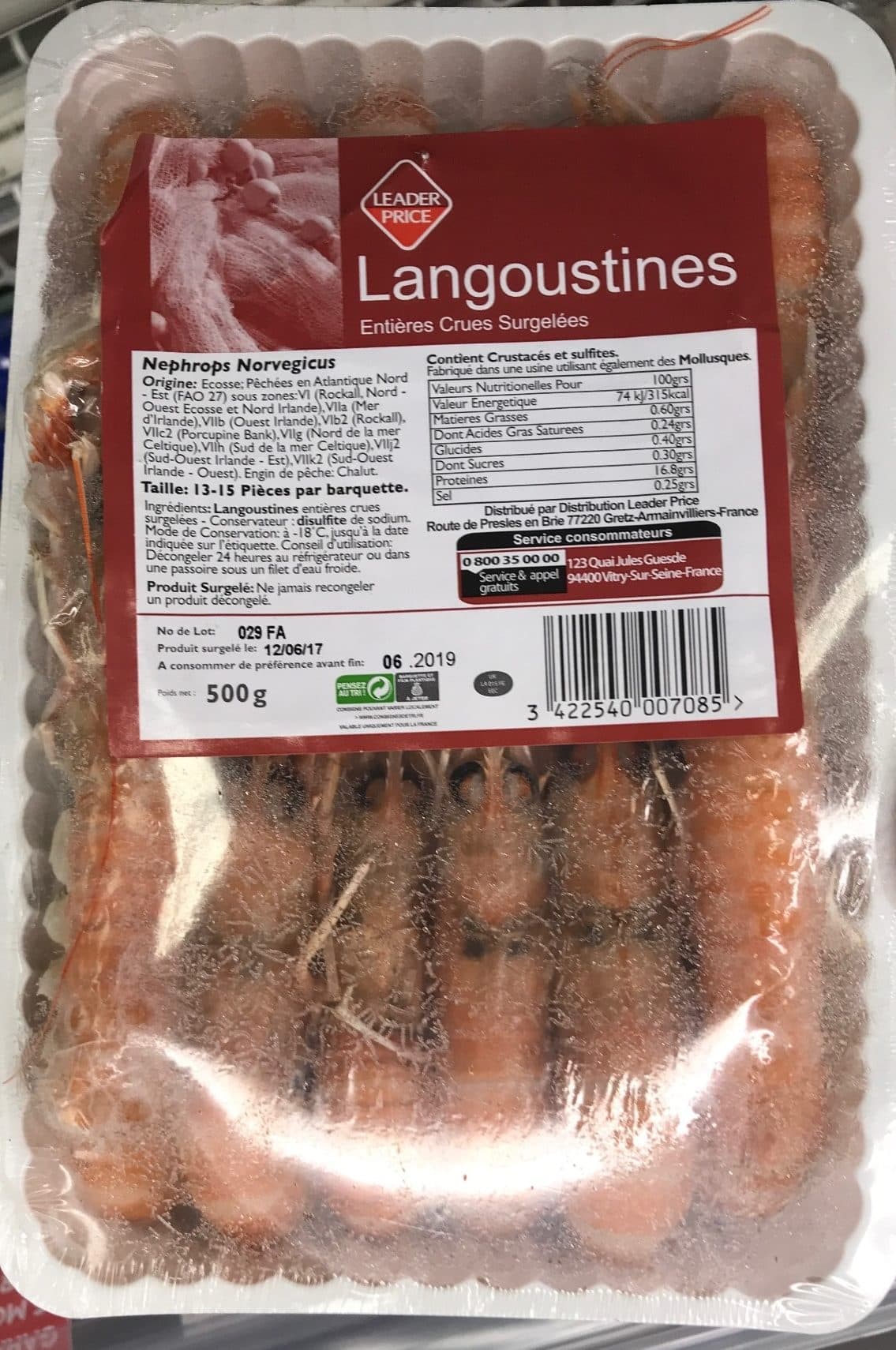 Leader Price Langoustines entières crues surgelées packshot