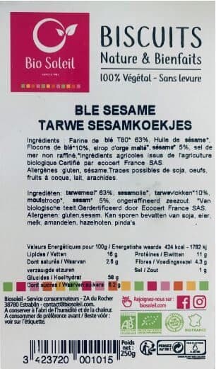 bio soleil Biscuits Nature & Bienfaits - 100% Végétal - Sans levure - Blé & Sésame packshot