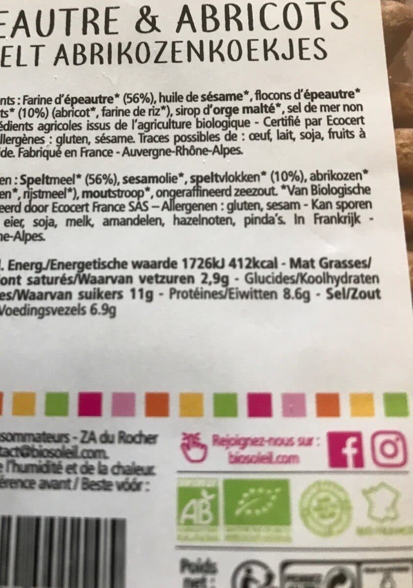 Bio Soleil Biscuit Nature et Bienfaits - Épeautre et abricots packshot