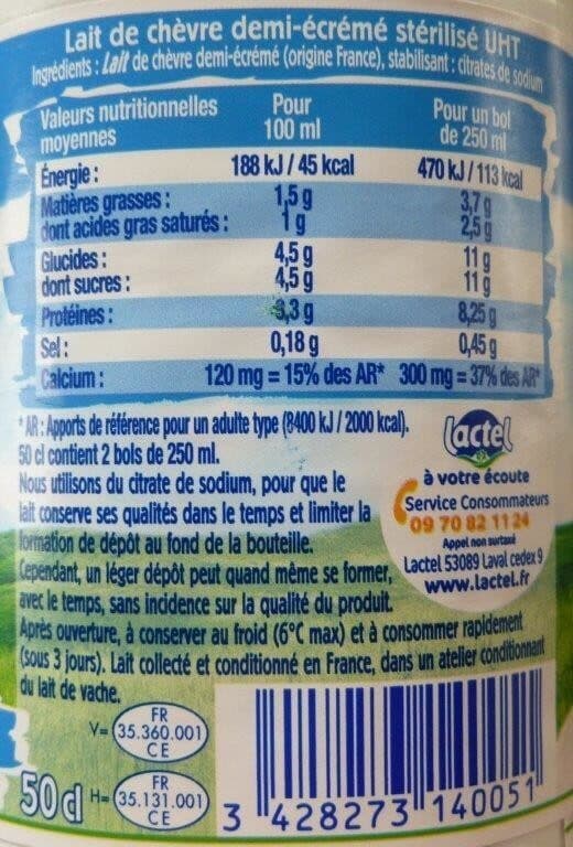 lactel lait de chèvre 1/2 écrémé packshot
