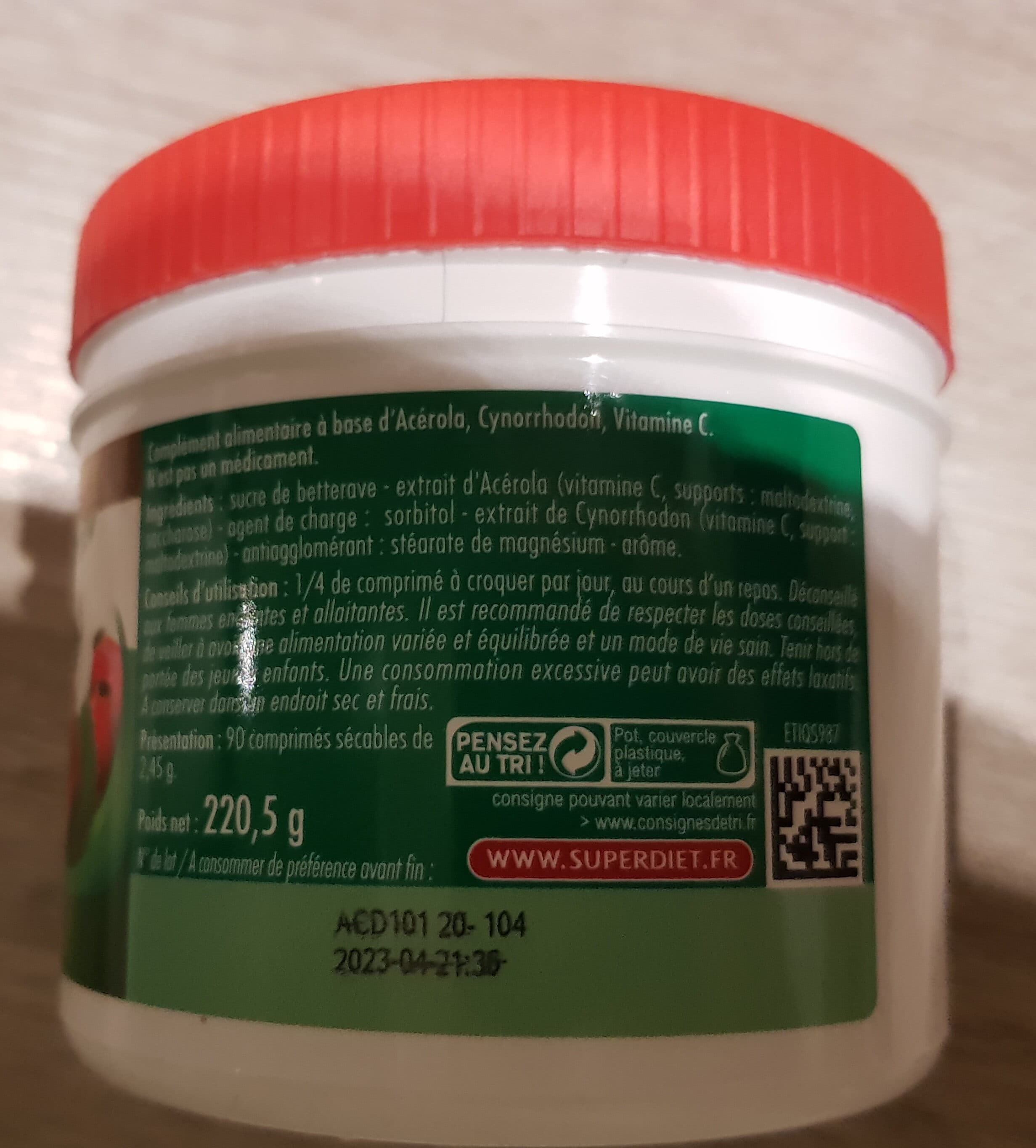 super diet Acerola Vitamine C 500 - 90 Comprimés - Super Diet packshot