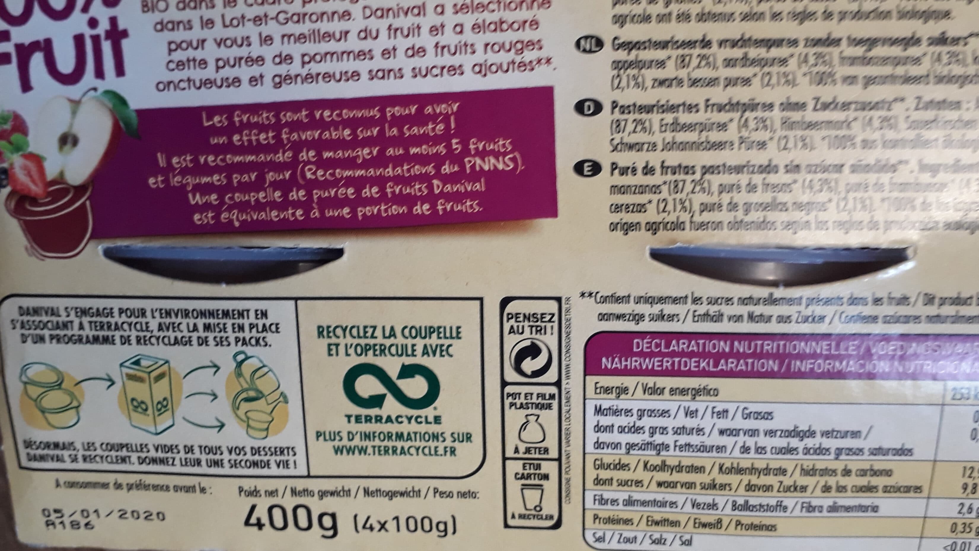 Danival Purée Pomme & Fruits Rouges 100% Fruit Bio Sans Sucres Ajoutés packshot