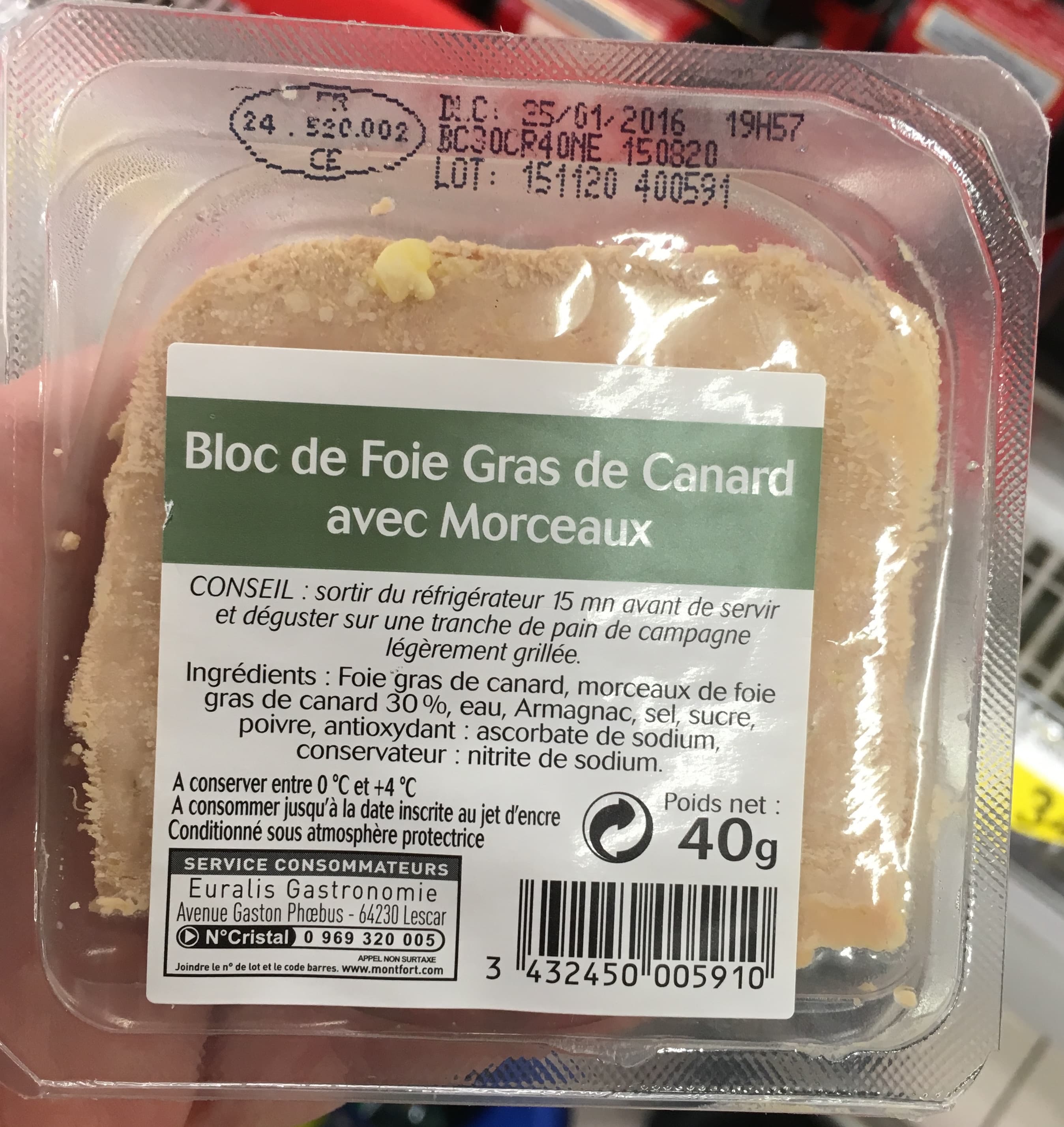 Euralis Gastronomie Bloc de foie gras de canard avec morceaux packshot