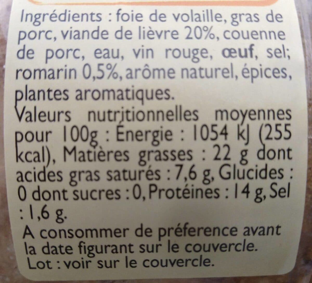 Open Food Facts Terrine de lièvre au romarin packshot