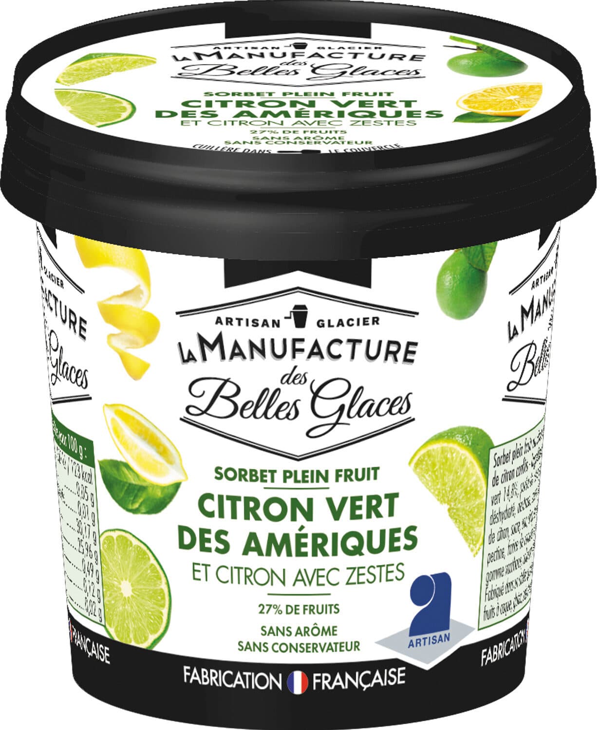 La Manufacture des Belles Glaces Sorbet plein fruit au citron vert des Amériques et au citron avec zestes packshot