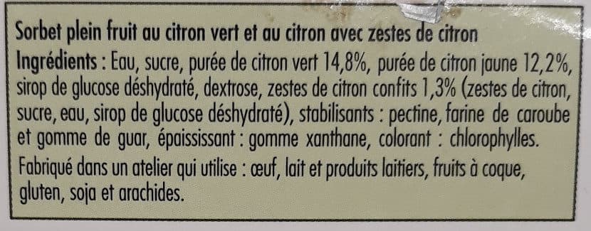 La Manufacture des Belles Glaces Sorbet plein fruit au citron vert et au citron avec zestes citron confits packshot