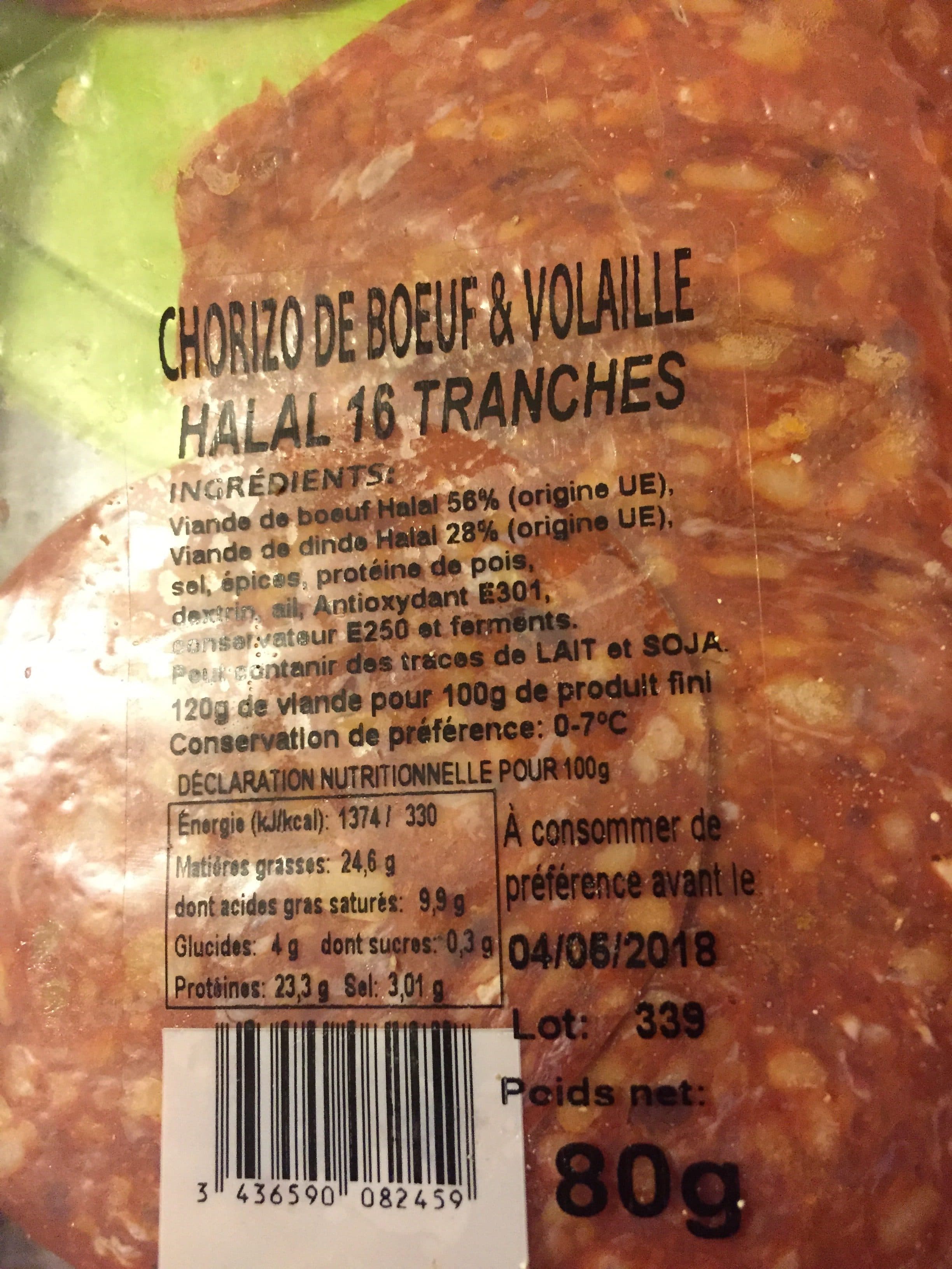 Oriental Viandes Chorizo de boeuf et volaille halal 16 tranches packshot