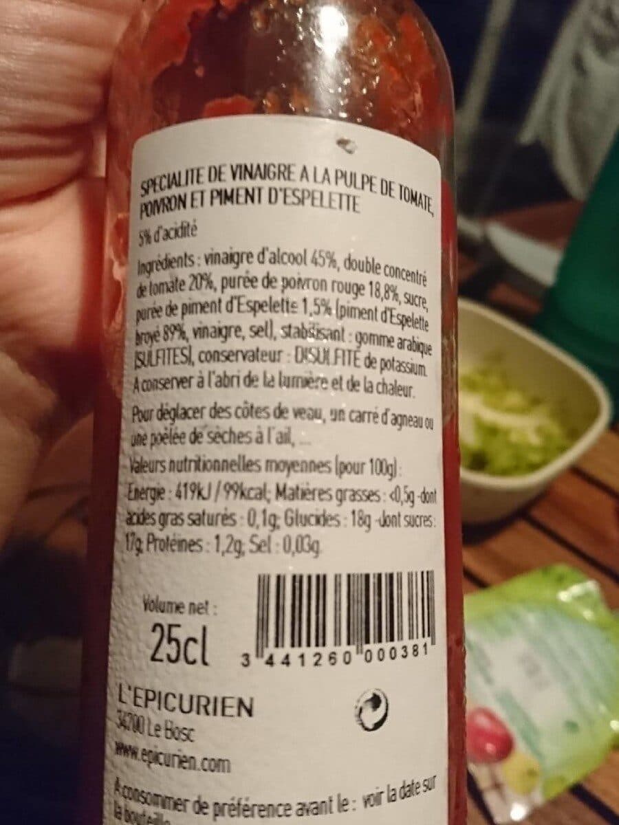 L'épicurien Vinaigre à la pulpe de tomate poivron et piment d'espelette packshot