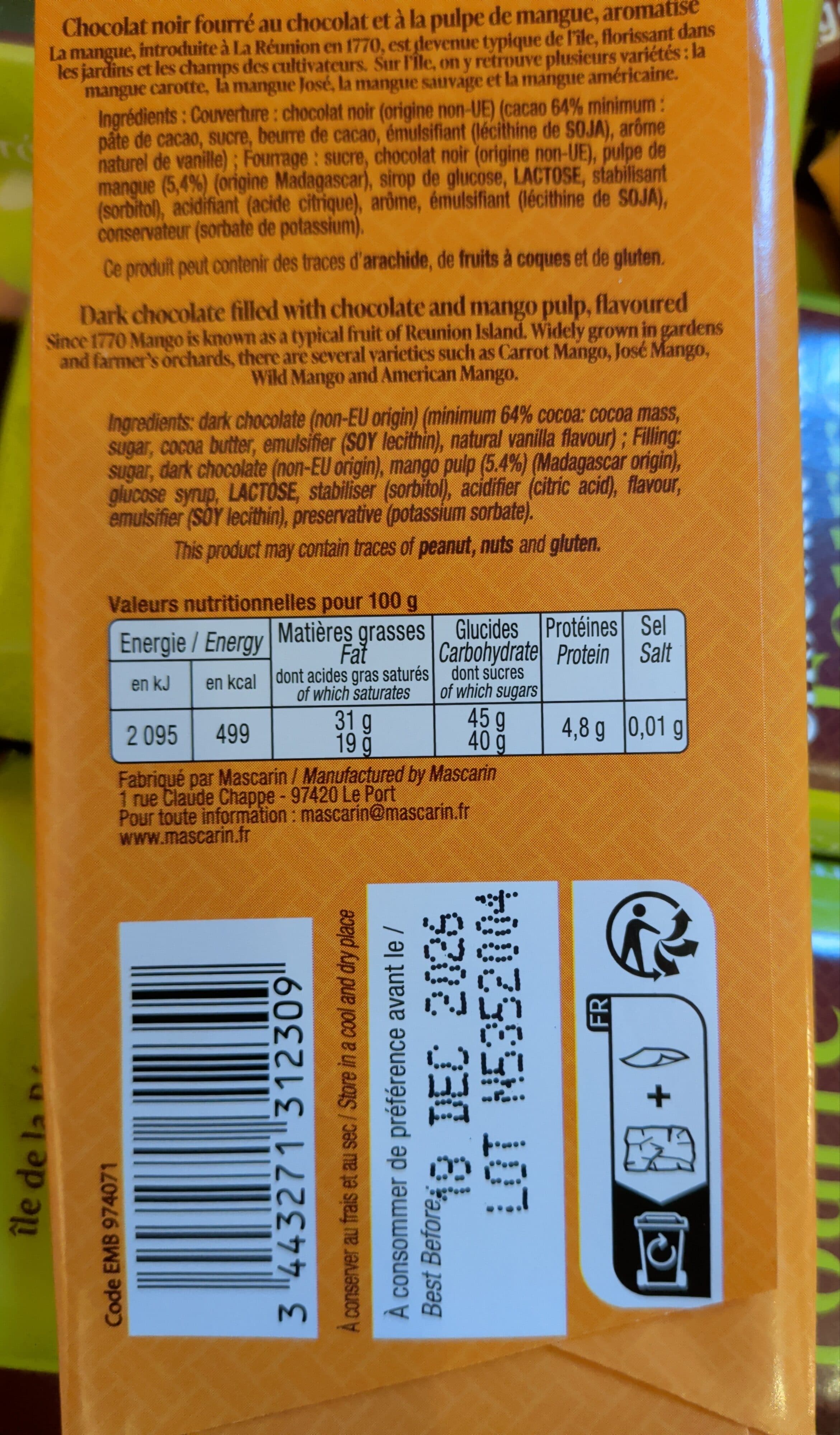 Mascarin Chocolat noir fourré mangue packshot