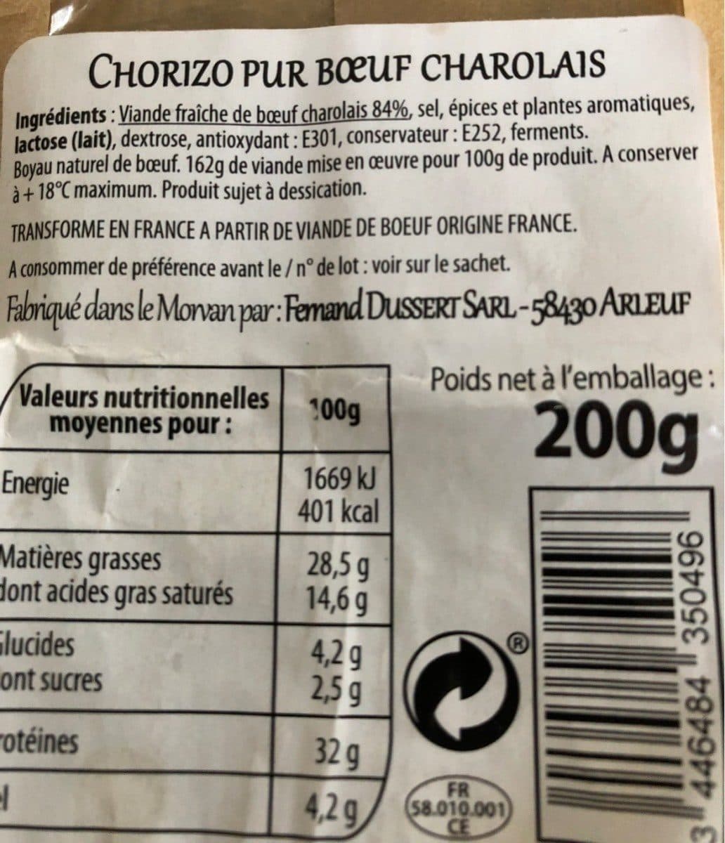 Open Food Facts Chorizo pur boeuf charolais packshot