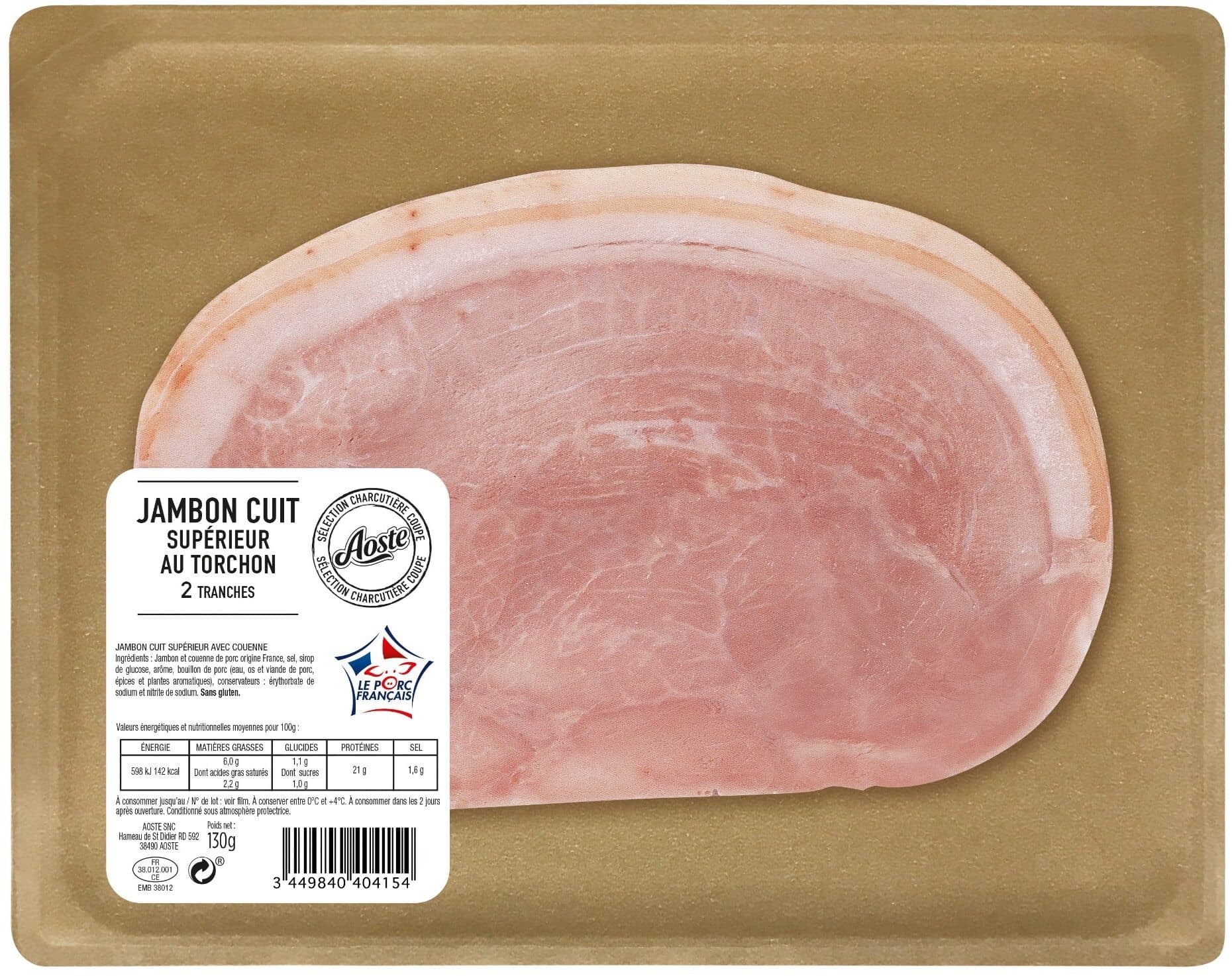 Aoste Jambon cuit au torchon avec couenne, 2 tranches Aoste packshot