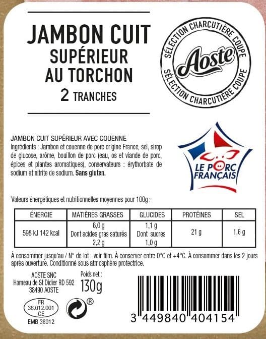 Aoste Jambon cuit au torchon avec couenne, 2 tranches Aoste packshot