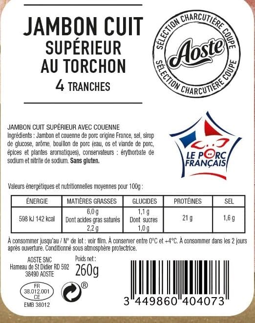 Aoste Jambon cuit supérieur au torchon packshot