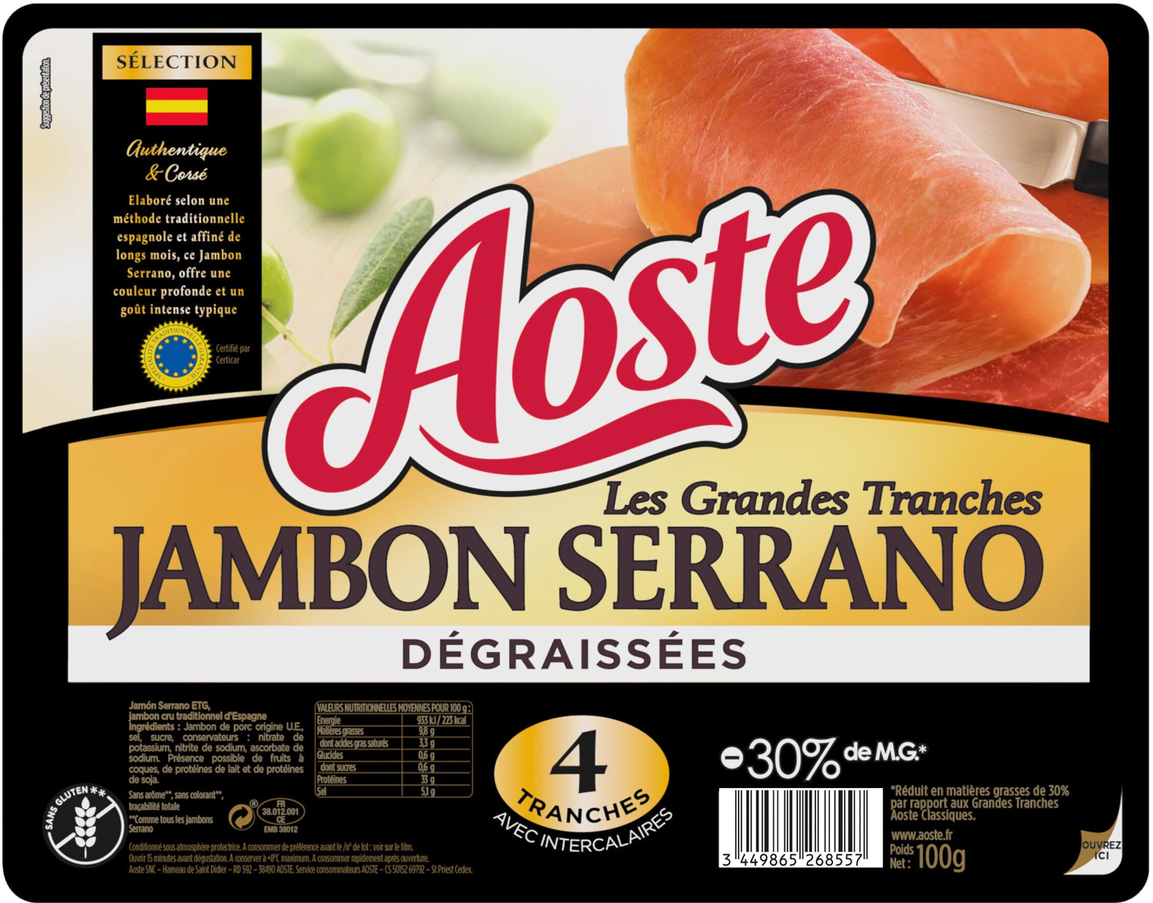 Aoste Les Grandes Tranches Jambon Serrano dégraissées - Aoste packshot