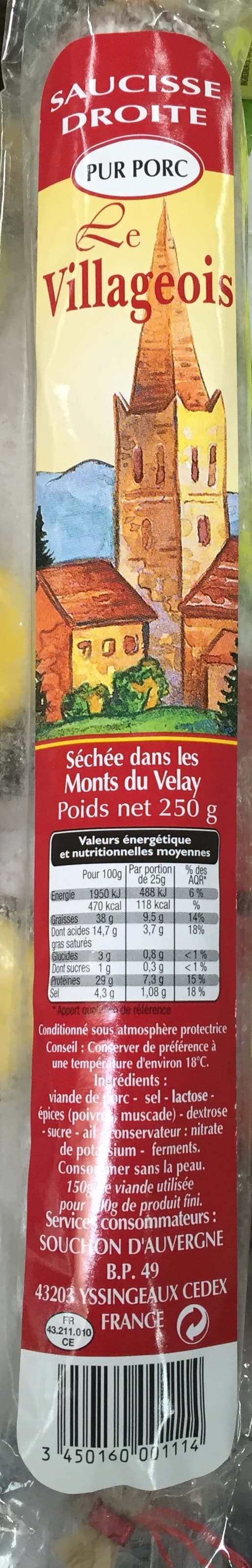 Le Villageois Saucisse droite pur porc packshot