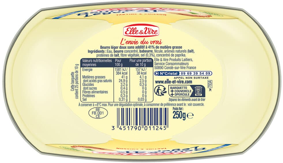 Elle & Vire Le Beurre Doux Leger 41%MG Barquette packshot