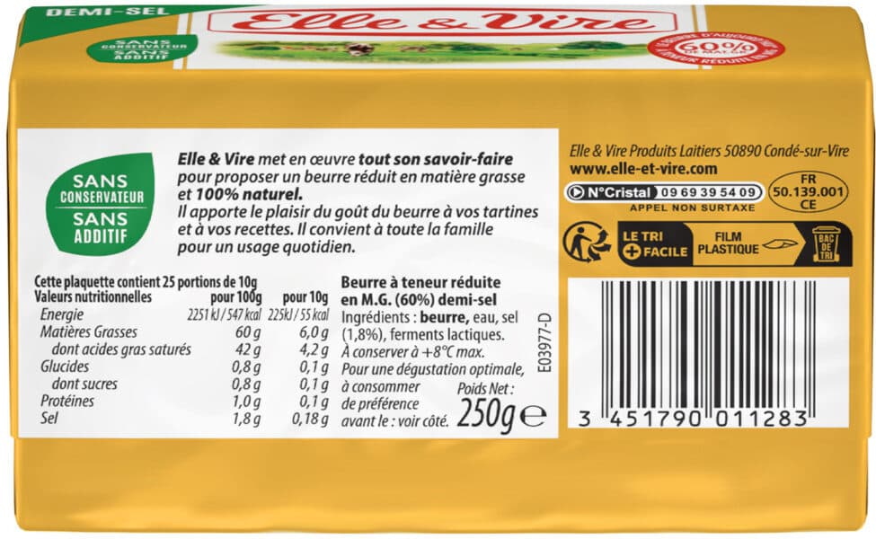 Elle & Vire Le Beurre Demi-Sel Allégé 60%MG packshot