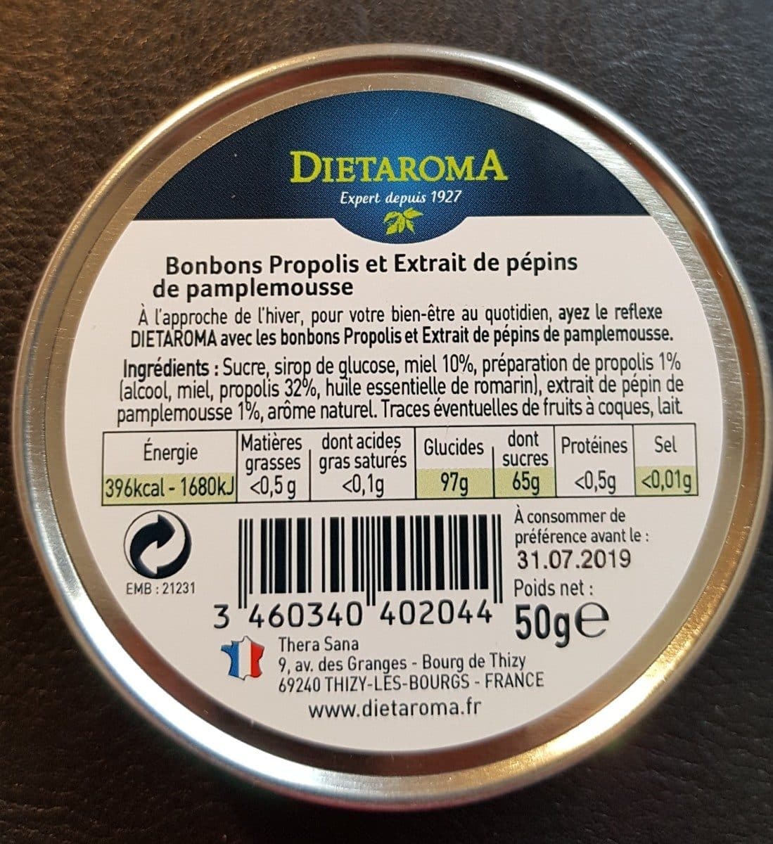 Dietaroma Bonbons propolis et extrait de pépins de pamplemousse packshot