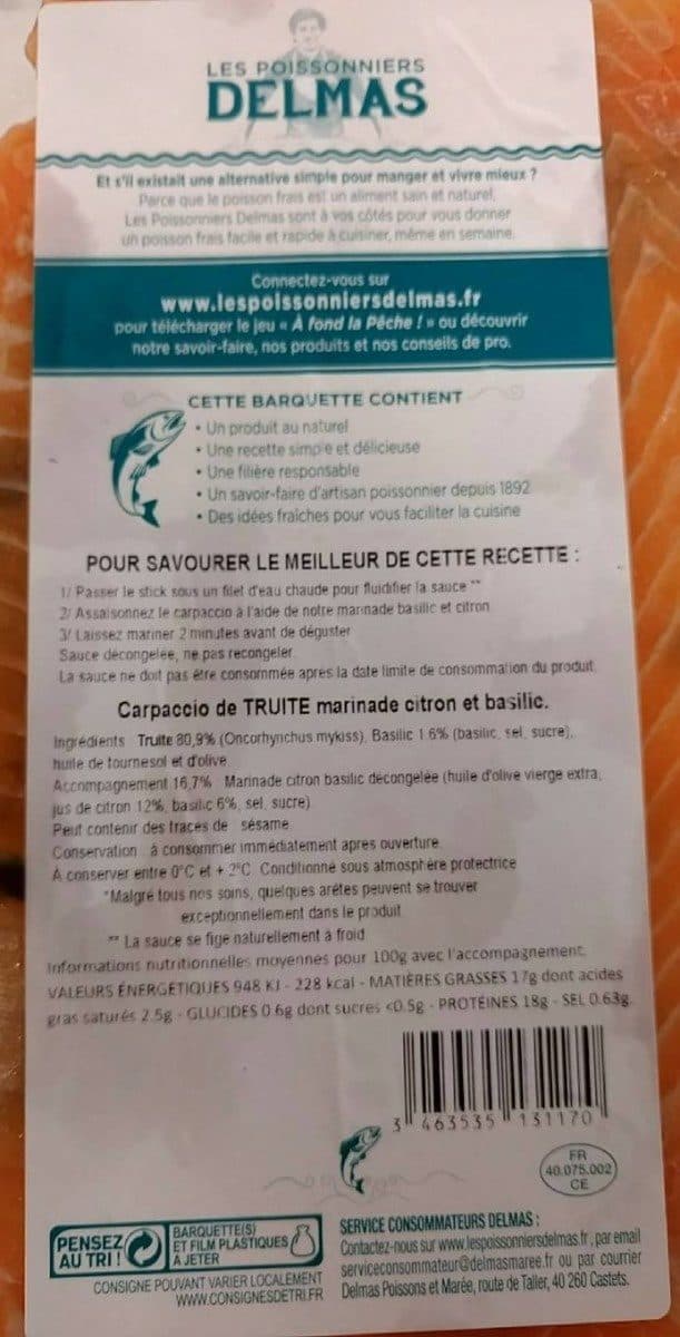 LES POISSONNIERS DELMAS Carpaccio de truite citron basilic packshot