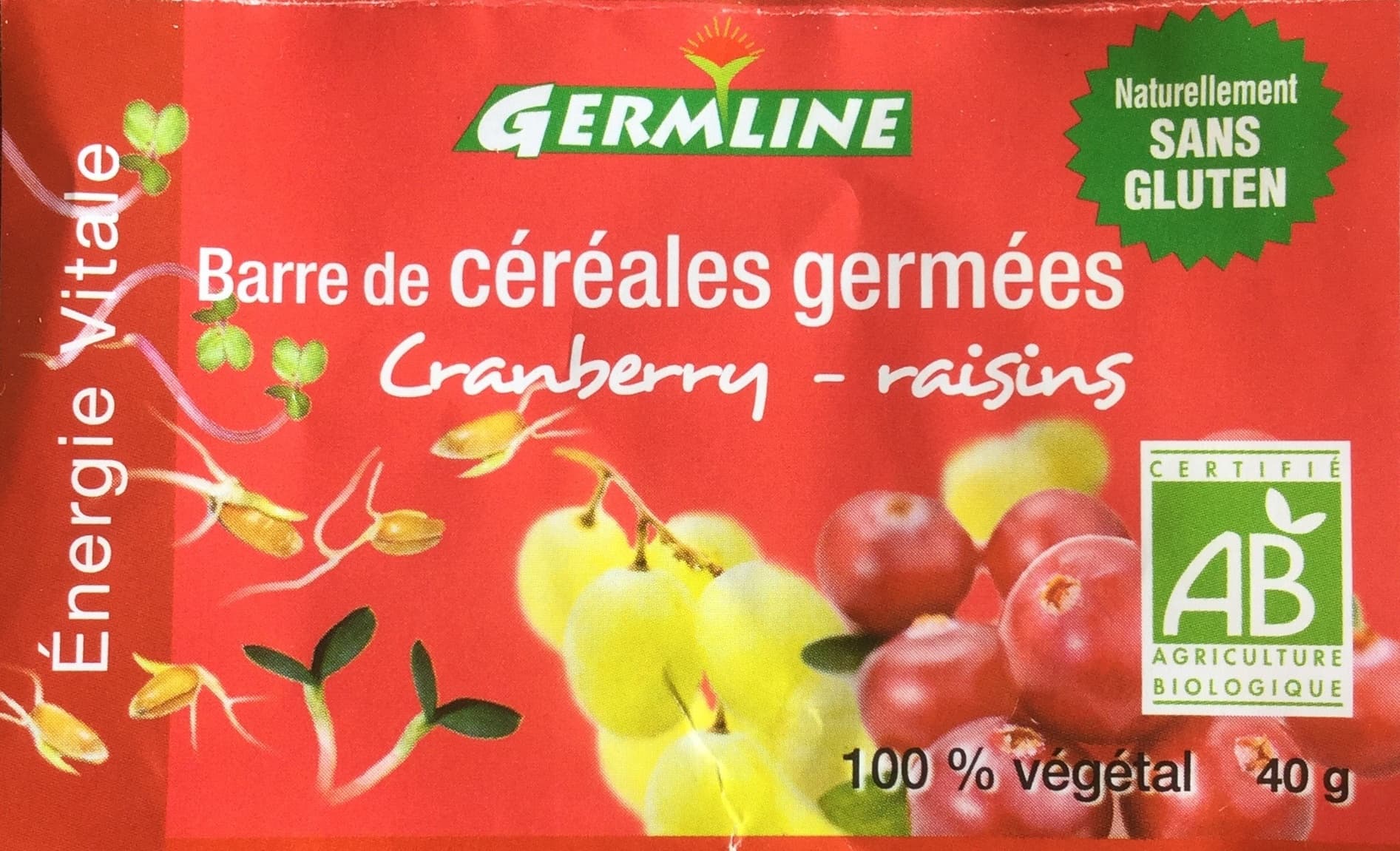 Germ'line Barre de céréales germées cranberry et raisins bio packshot