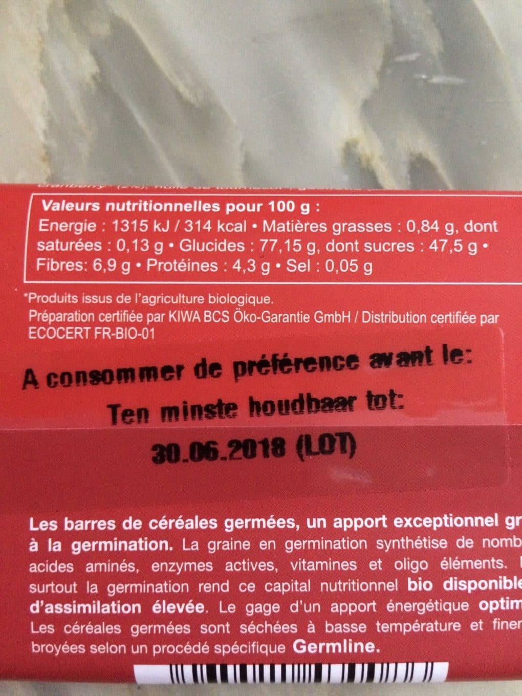Germ'line Barre de céréales germées cranberry et raisins bio packshot