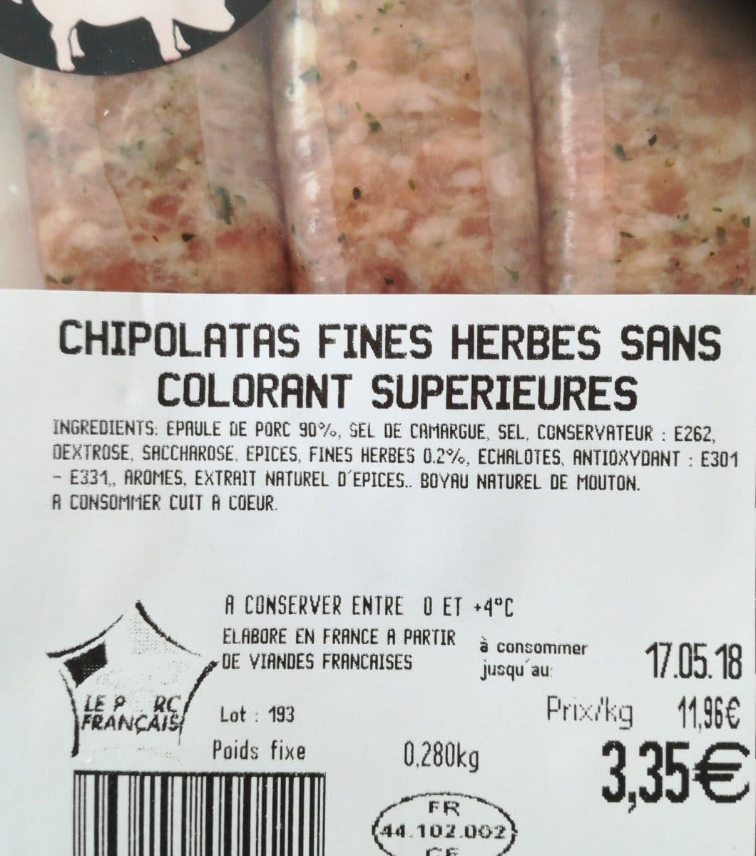 Open Food Facts Chipolatas aux herbes sans colorant PIVETEAU, 4 pieces packshot