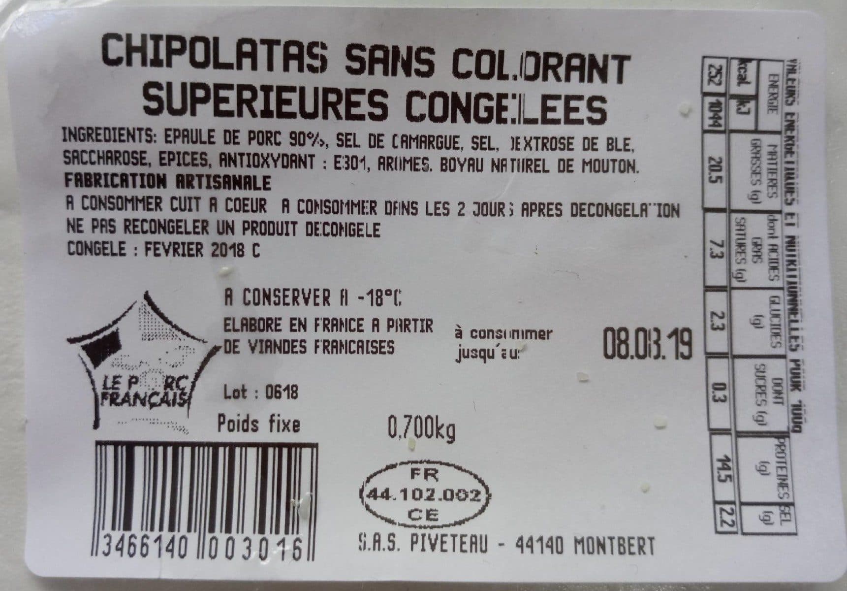 Open Food Facts Chipolatas sans colorant supérieures congelées packshot
