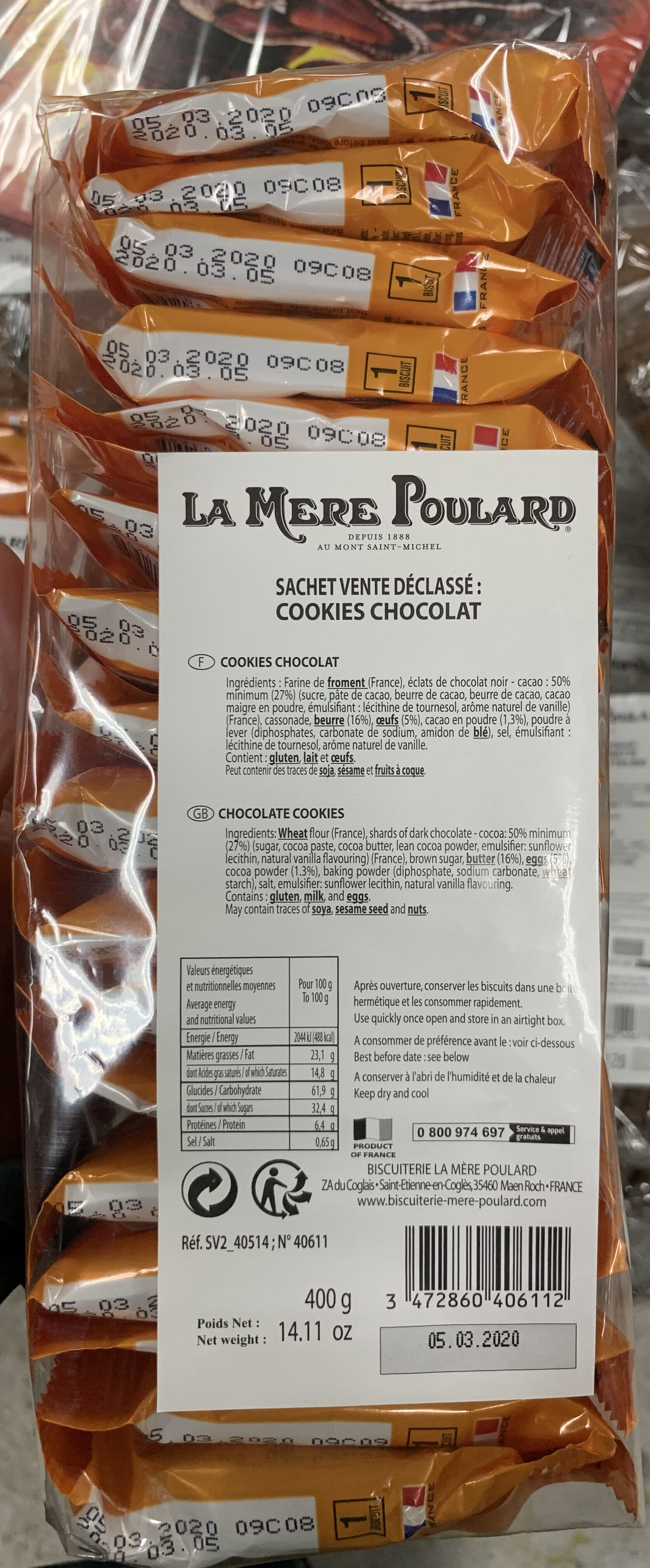 La Mère Poulard Sachet Vente Déclassé : Cookies chocolat packshot