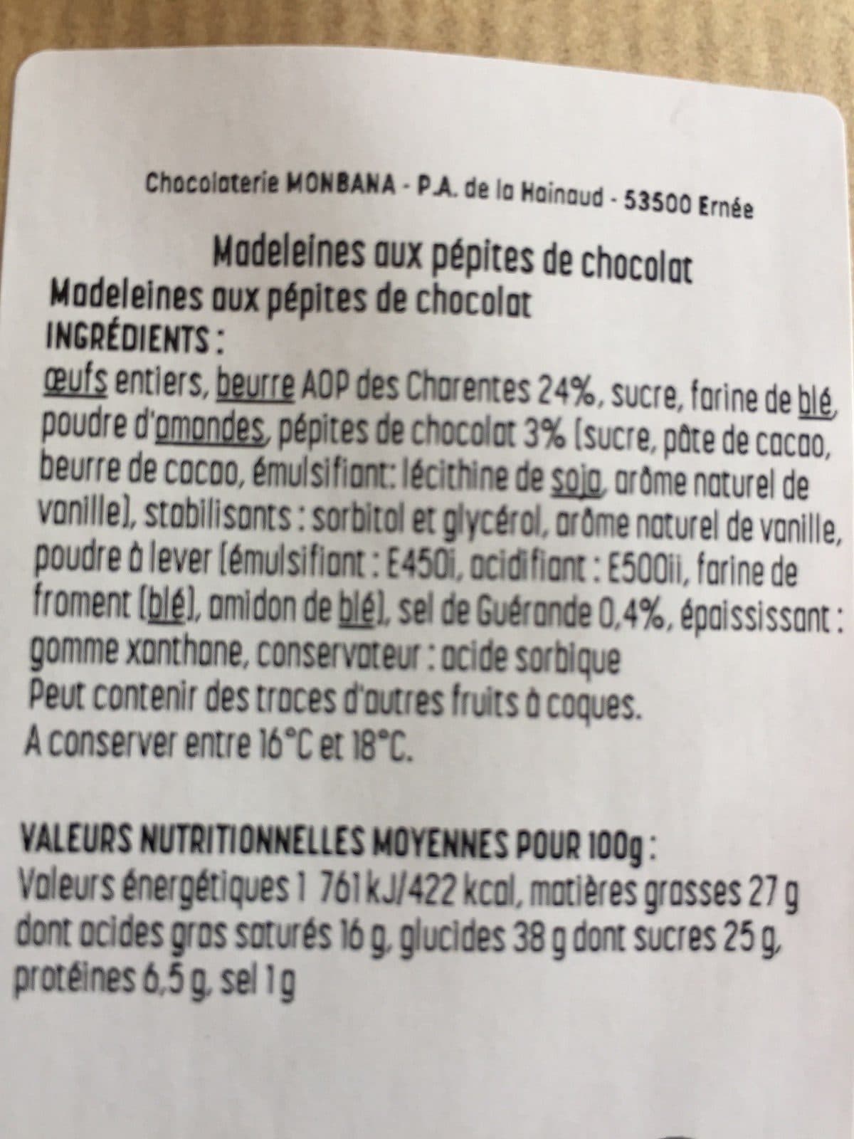 Monbana Madeleines aux pépites de chocolat packshot