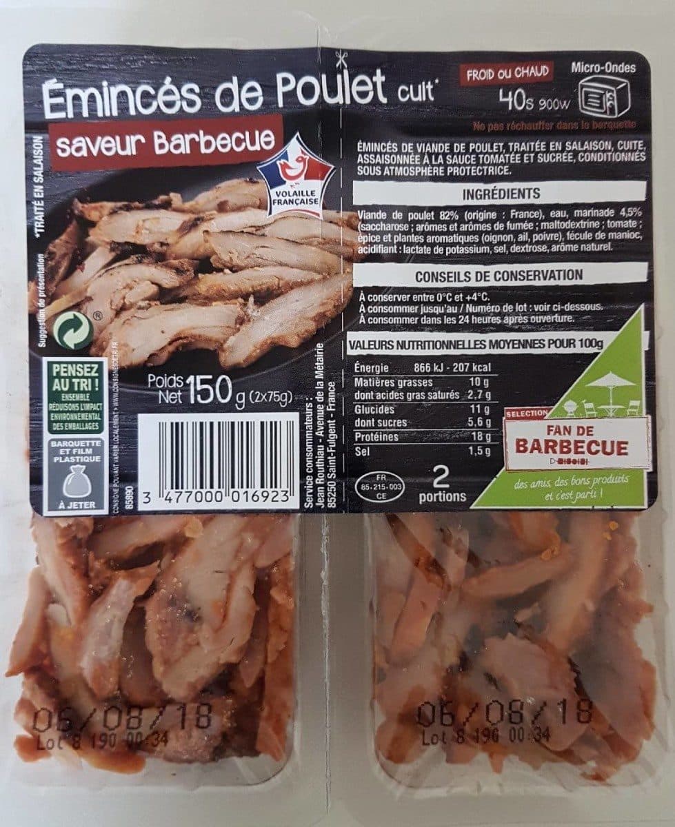 Open Food Facts Émincés de poulet cuit saveur barbecue packshot