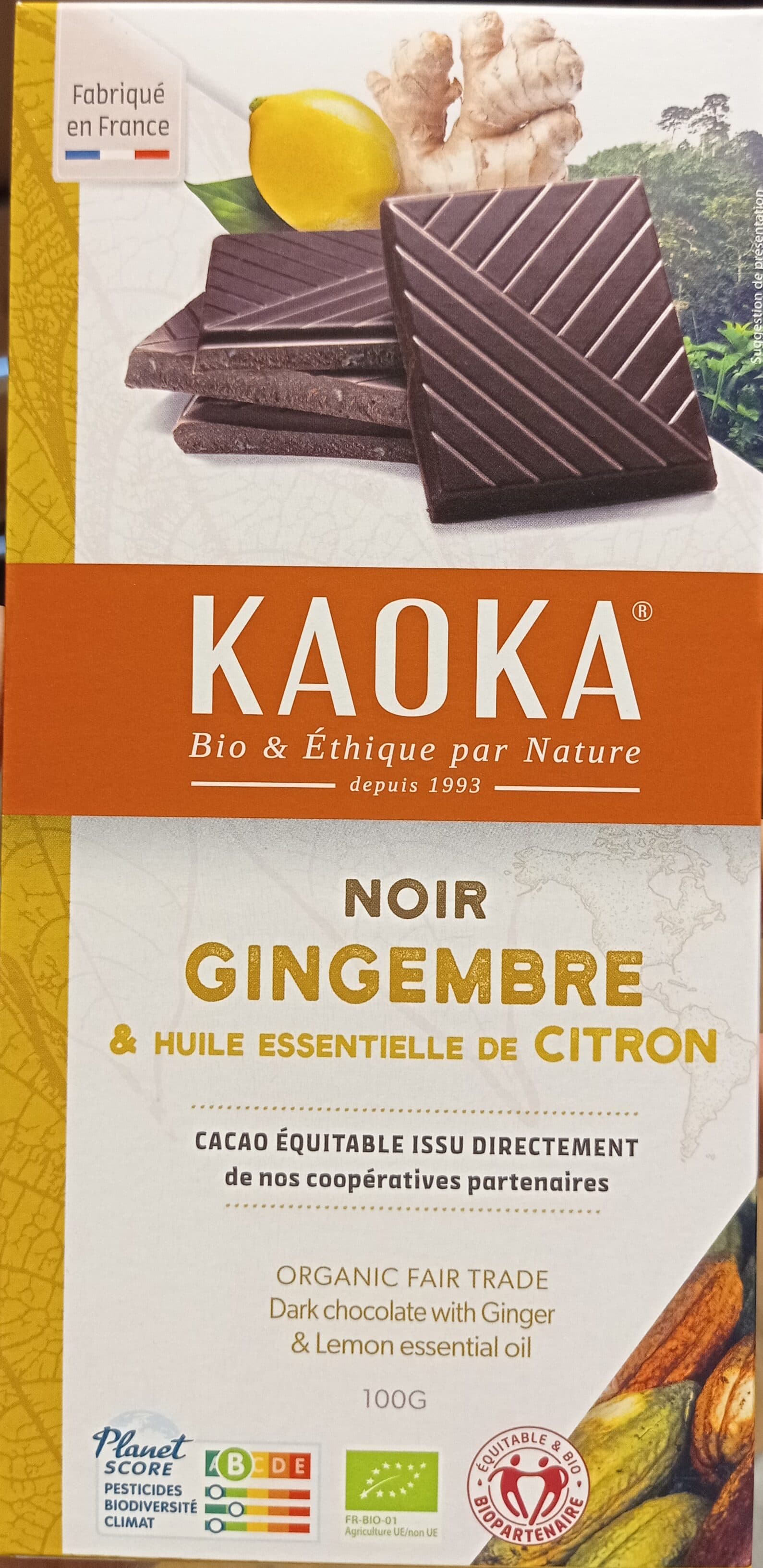 Kaoka Chocolat Noir Gingembre & Huile Essentielle de Citron Bio packshot
