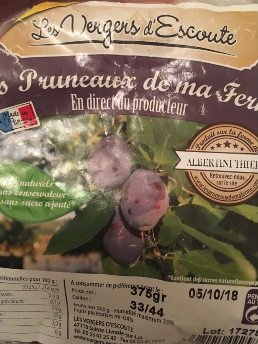 Les Vergers D’escoute Pruneaux mi cuits, calibre 33/44, sachet packshot