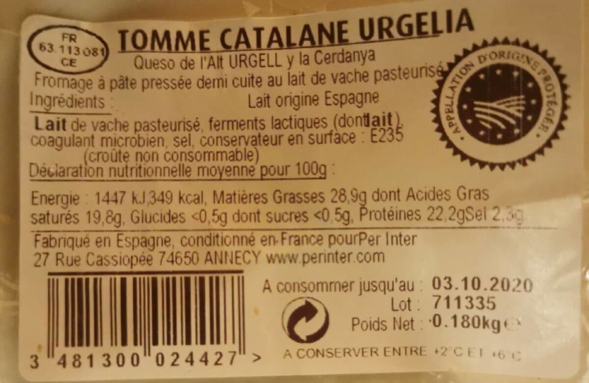 Open Food Facts Tomme catalane urgelia packshot