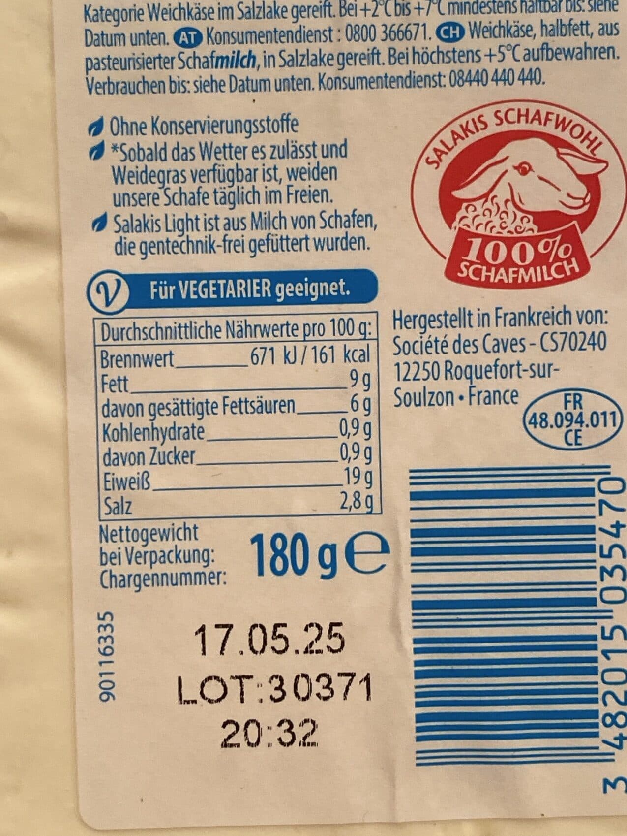 Salakis Schafsmilchkäse Light packshot