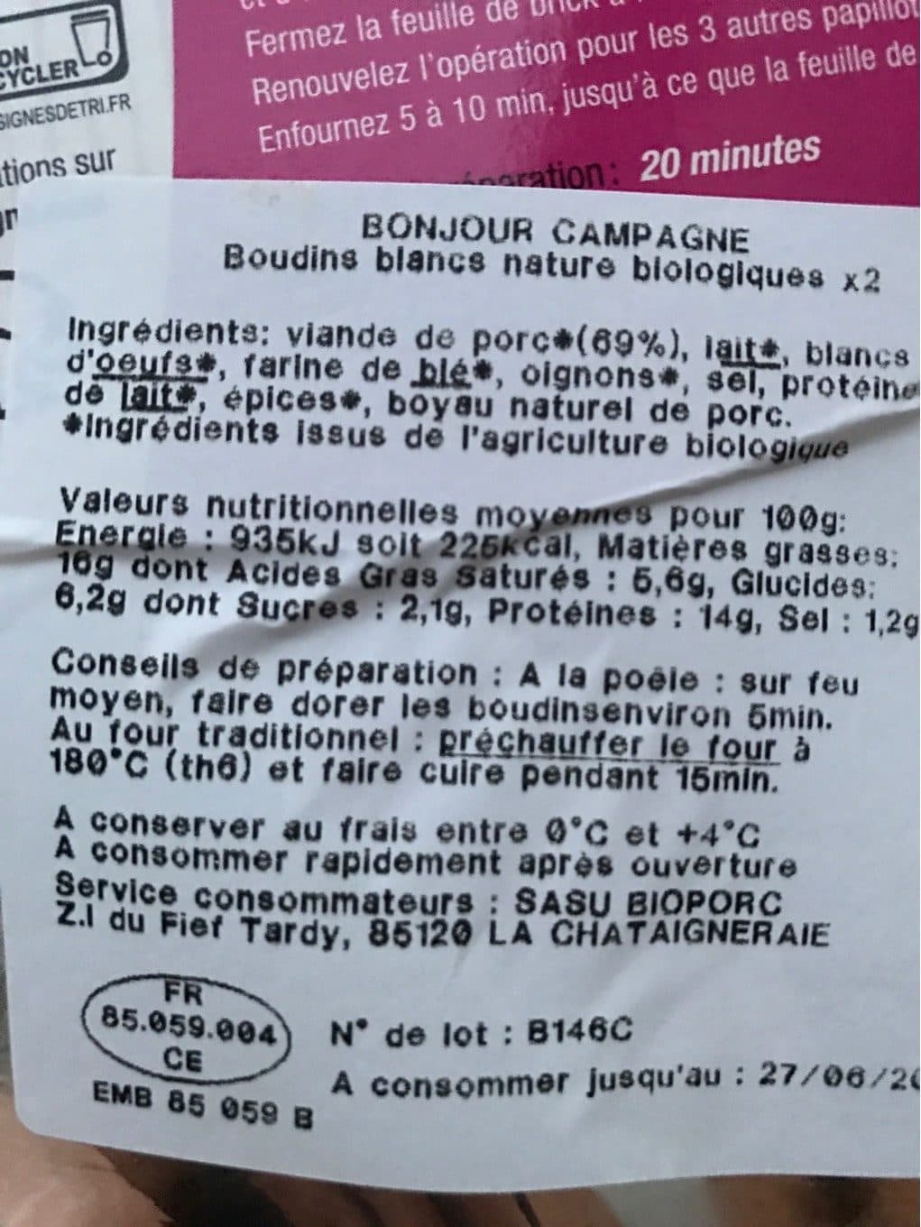 Bonjour Campagne BOUDINS BLANCS NATURE packshot