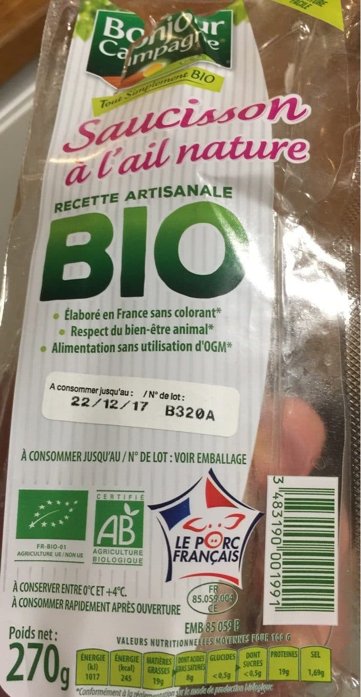 Bonjour campagne Bonjour Campagne Saucisson ? l'ail nature Bio soit packshot
