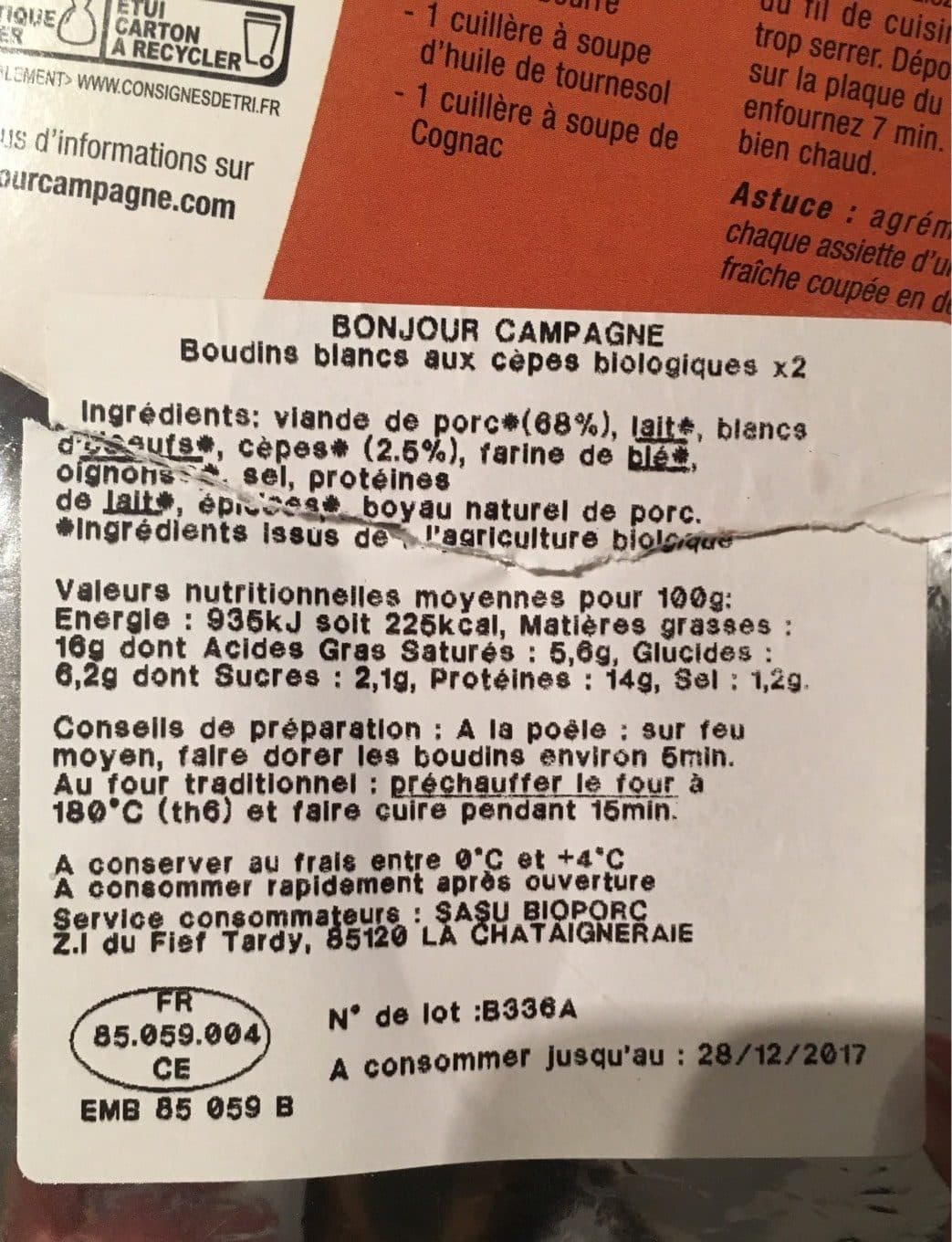 Bonjour Campagne Boudin Blanc aux Cèpes packshot