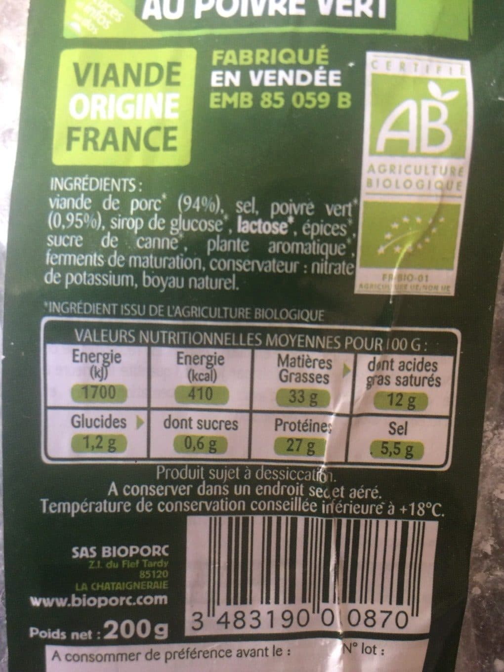 Bioporc Saucisson Sec bio Au Poivre Vert packshot
