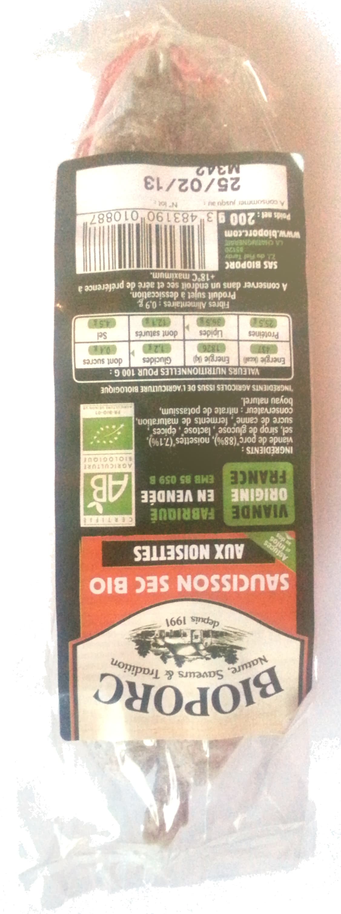 Bioporc Saucisson sec bio aux noisettes packshot