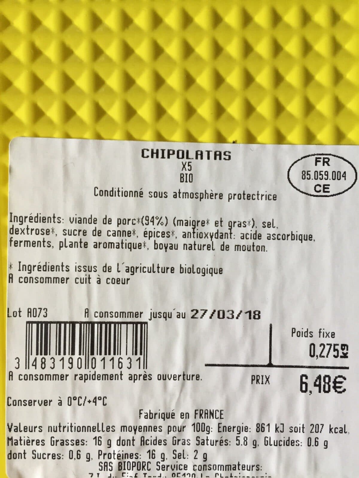 Open Food Facts Chipolatas Pur Porc X5 275G packshot