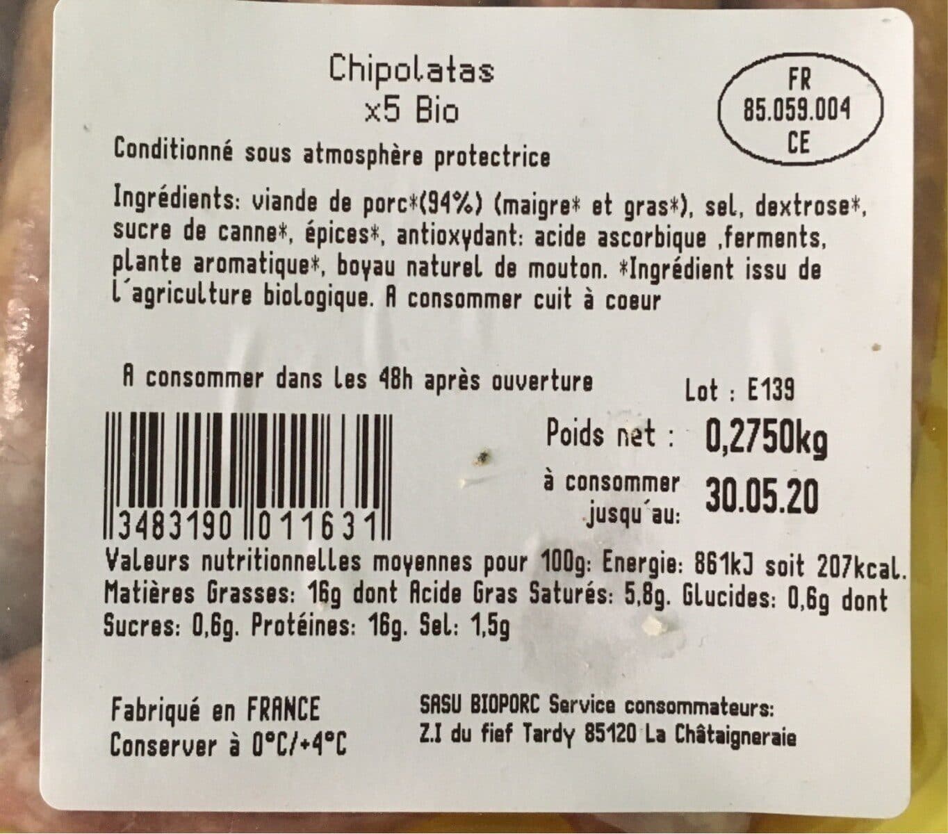 Open Food Facts Chipolatas Pur Porc X5 275G packshot