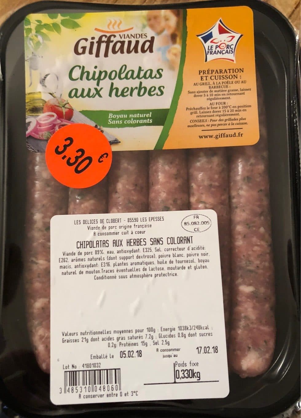 Viandes Giffaud Saucisses aux herbes GIFFAUD, 6 pieces packshot