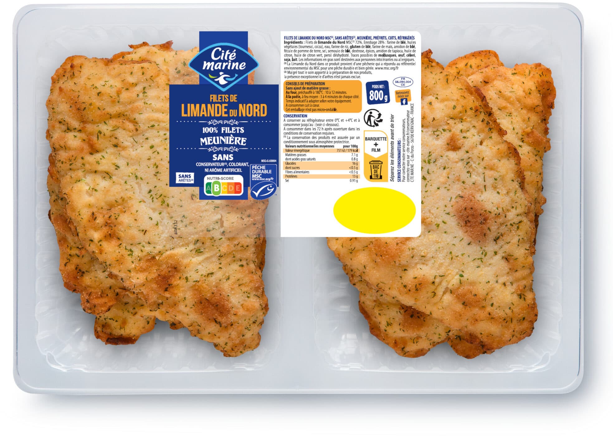 Cité marine Filets de limande du Nord MSC meunière - 800g - Frais packshot