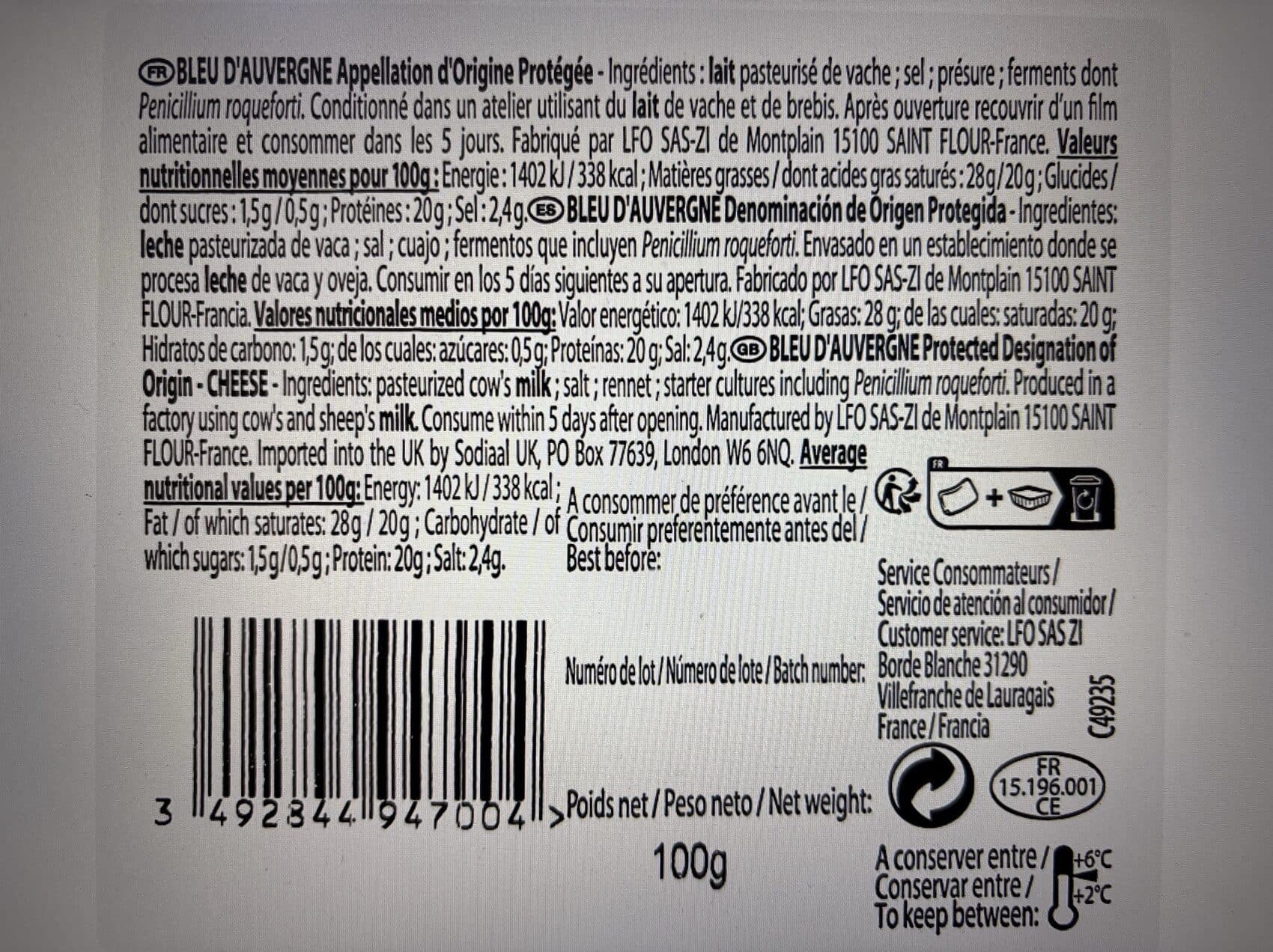 LFO Bleu d'Auvergne au lait pasteurisé packshot